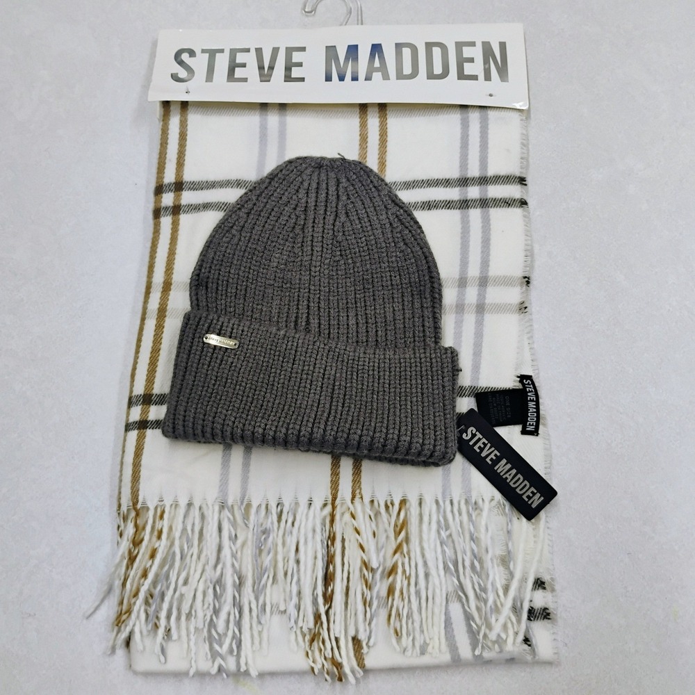 Steve Madden Knit Beanie Hat &โ Plaid Scarf Set Women's Winter Accessories NEW